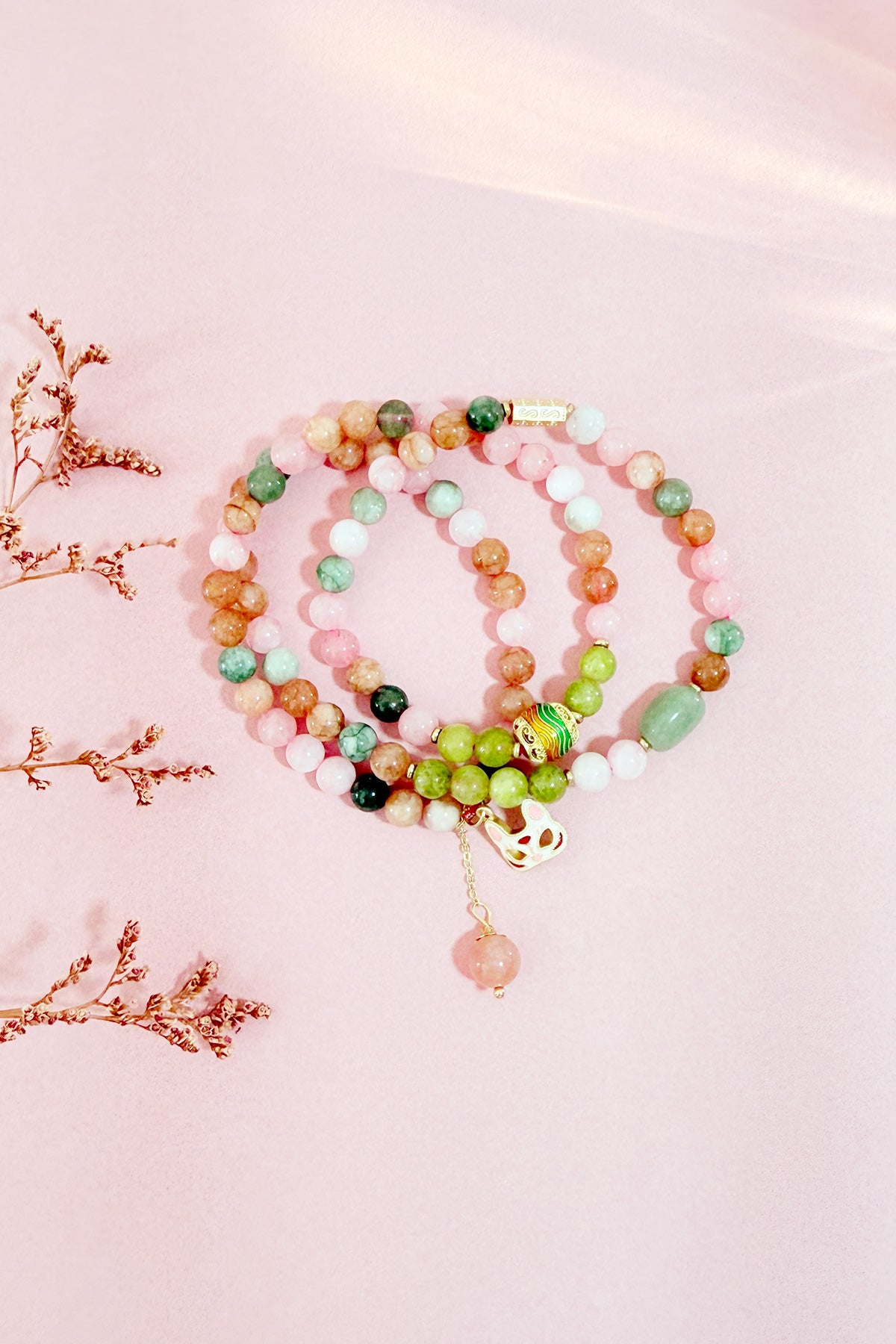 Bracelet 3 tours en Pierres Naturelles – Masque de Renard Rose - HanWen Shop