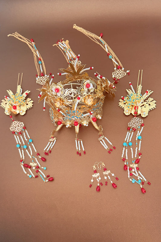 Couronne royale chinoise - Phénix doré avec pendentif de perles - HanWen Shop