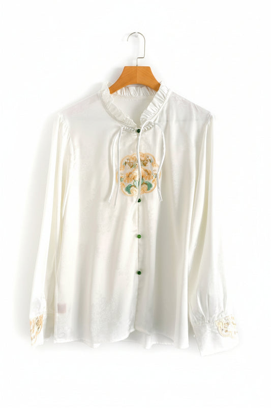 Hanfu moderne - Chemisier blanc brodé à manches longue - HanWen Shop
