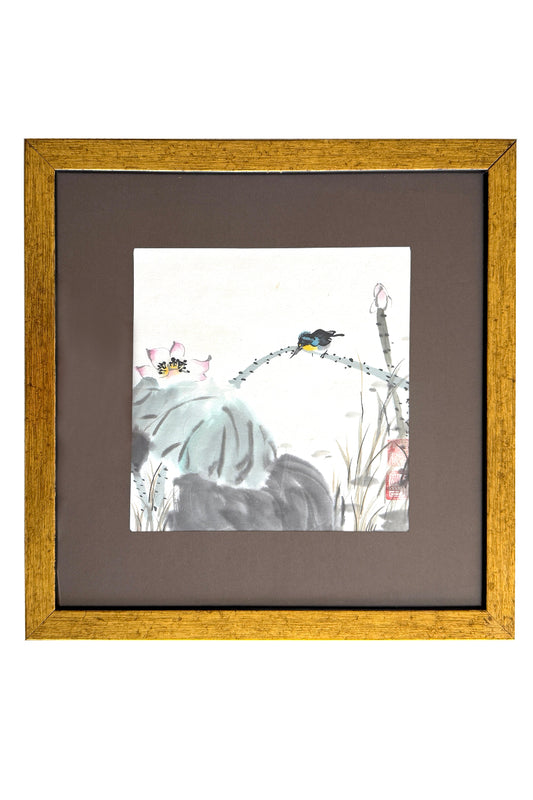 Peinture chinoise en style Xieyi - Martin-pêcheur et lotus - HanWen Shop