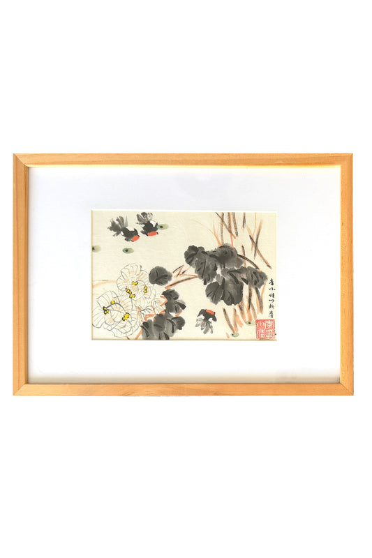 Peinture chinoise en style Xieyi - Hibiscus et poissons - HanWen Shop