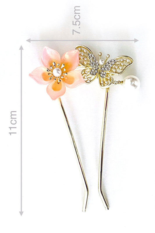 Épingle à cheveux en forme de U - Fleur d'amandier et papillon - HanWen Shop