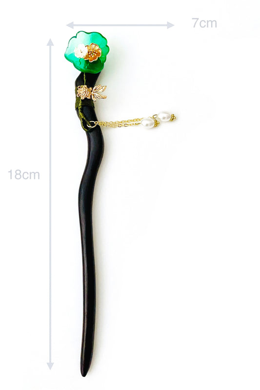 Épingle à cheveux en bois - Poisson rouge et fleurs lotus - HanWen Shop