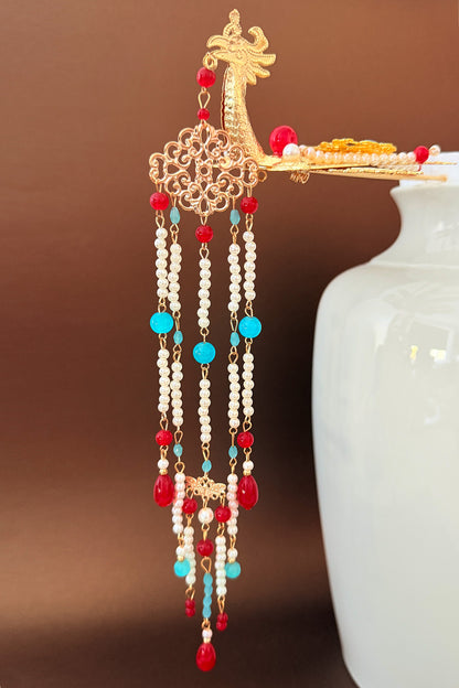 Couronne royale chinoise - Phénix doré avec pendentif de perles - HanWen Shop