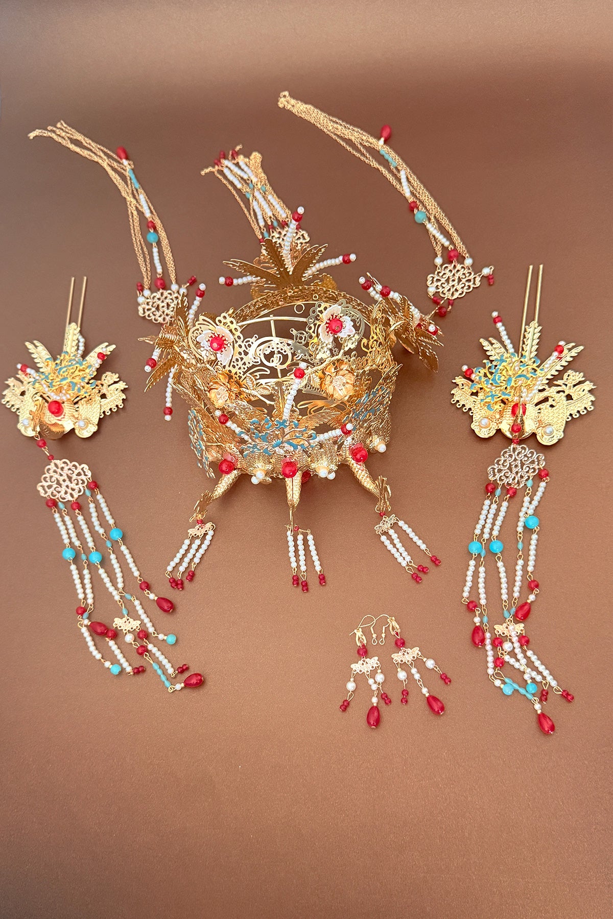 Couronne royale chinoise - Phénix doré avec pendentif de perles - HanWen Shop