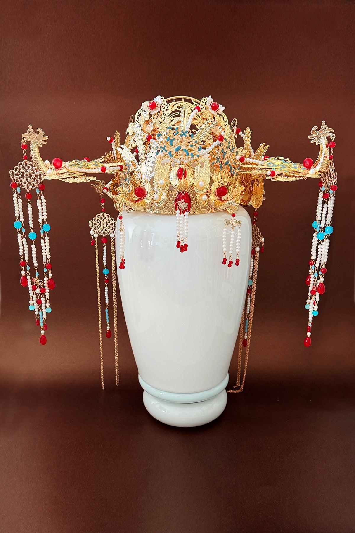 Couronne royale chinoise - Phénix doré avec pendentif de perles - HanWen Shop