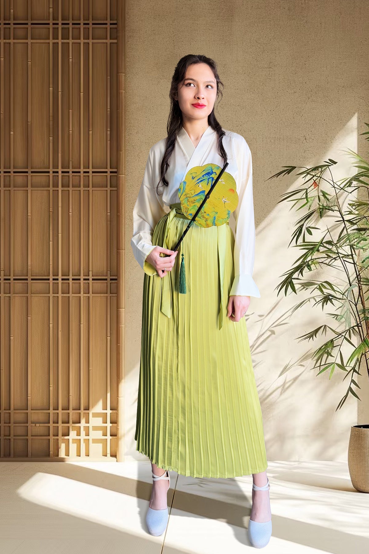Ensemble Hanfu moderne 汉元素 - Jupe à cent plis (BaiDie Qun) kaki - HanWen Shop