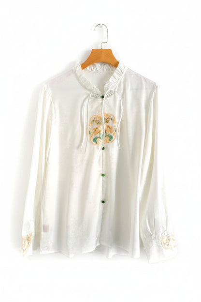 Hanfu moderne - Chemisier blanc brodé à manches longue - HanWen Shop