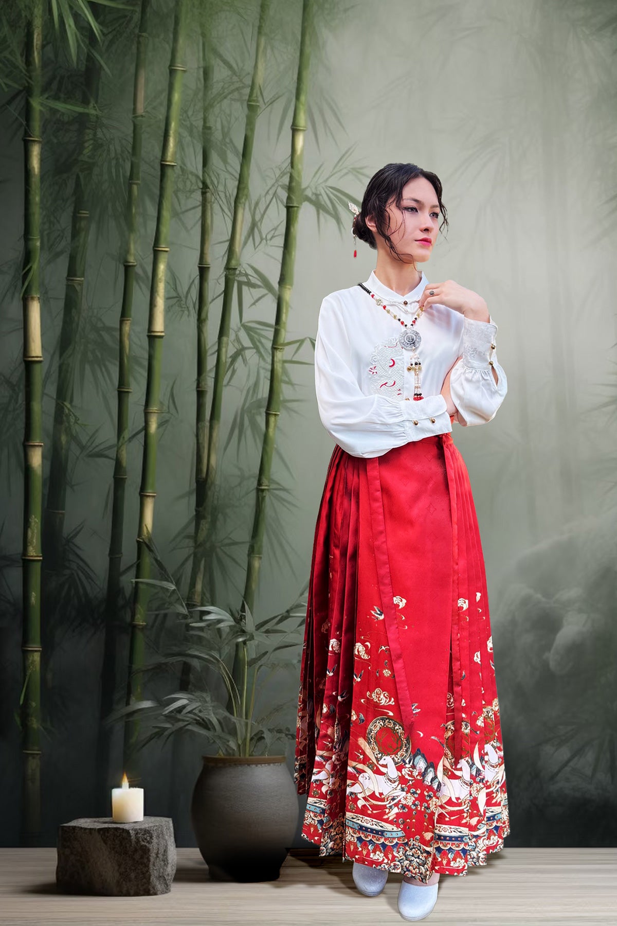 Jupe Hanfu "MaMian Qun" de la dynastie Ming 明 - Brodés dorés du cerf sacré - HanWen Shop