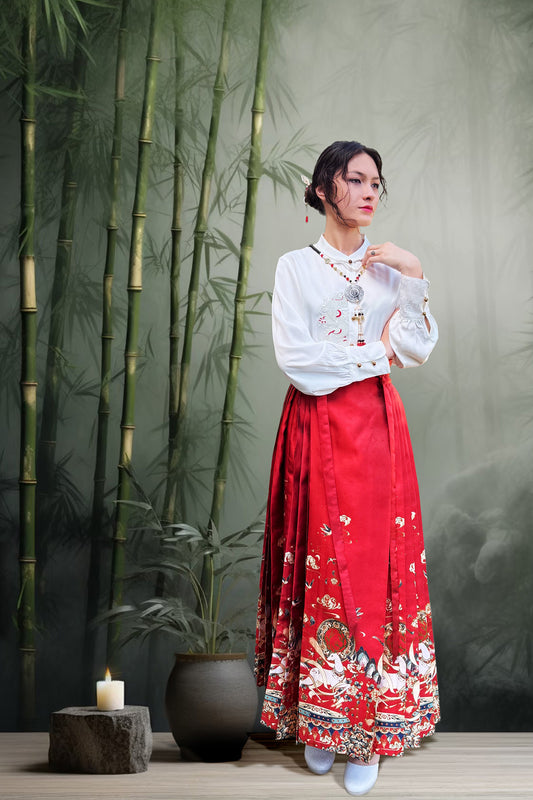 Jupe Hanfu "MaMian Qun" de la dynastie Ming 明 - Brodés dorés du cerf sacré - HanWen Shop