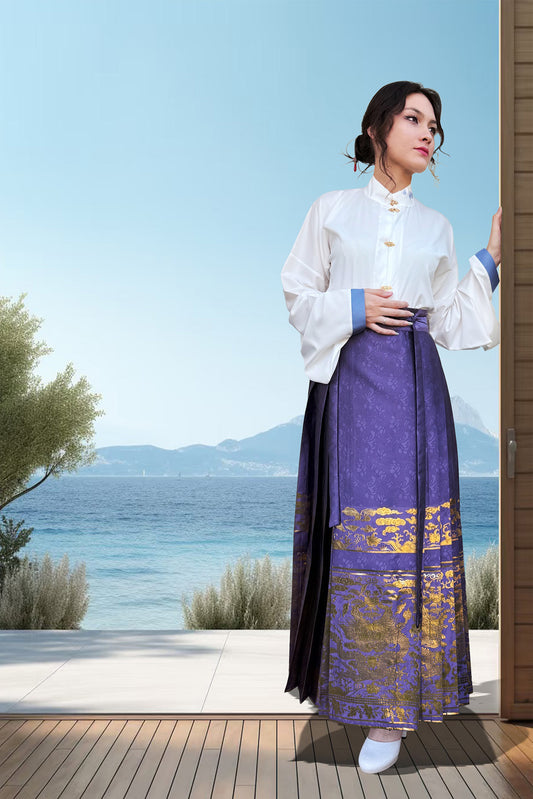 Hanfu de la dynastie Ming 明 - Jupe "MaMian Qun" Brodés dorés du dragon - HanWen Shop