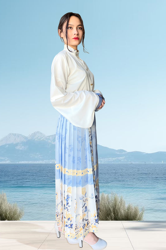 Ensemble hanfu moderne 汉元素 - Jupe "MaMian Qun" papillons amoureux fleurs - HanWen Shop