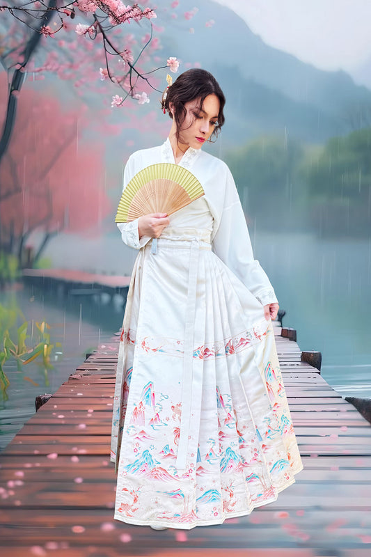 Hanfu de la dynastie Ming 明 - Jupe "MaMian Qun" Brodés dorés du carpe - HanWen Shop
