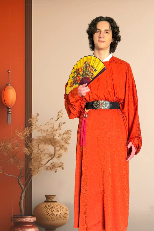 Hanfu de la dynastie Tang 唐 - Robe à col rond rouge - HanWen Shop
