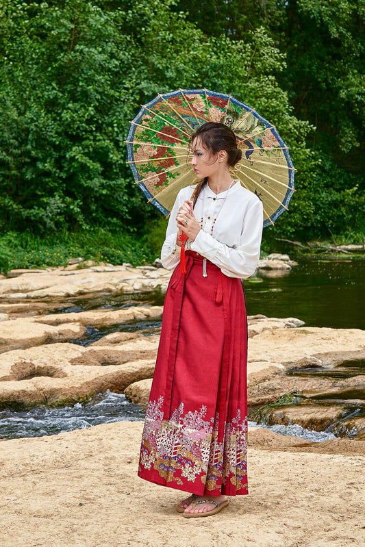 Jupe Hanfu "MaMian Qun" de la dynastie Ming 明 - Cour Chinois rouge - HanWen Shop