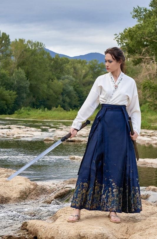 Hanfu de la dynastie Ming 明 - Jupe "MaMian Qun" libellule bleue dansante - HanWen Shop