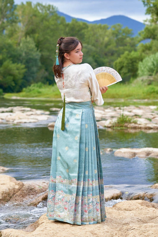Jupe Hanfu "MaMian Qun" de la dynastie Ming 明 - Phénix vert - HanWen Shop