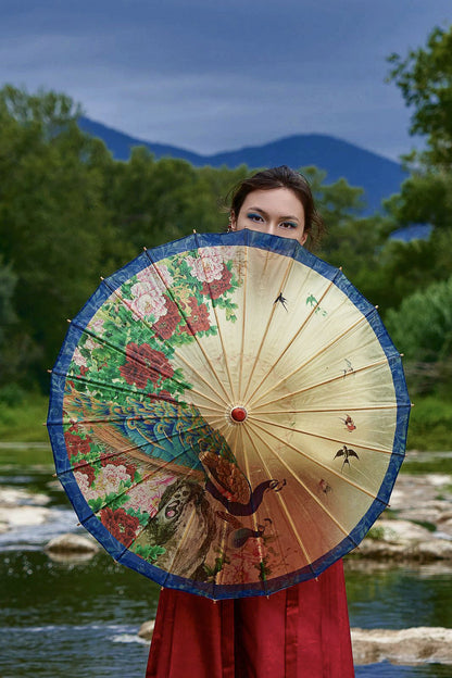 Ombrelle chinoise en papier à l'huile - Pivoine et paon - HanWen Shop