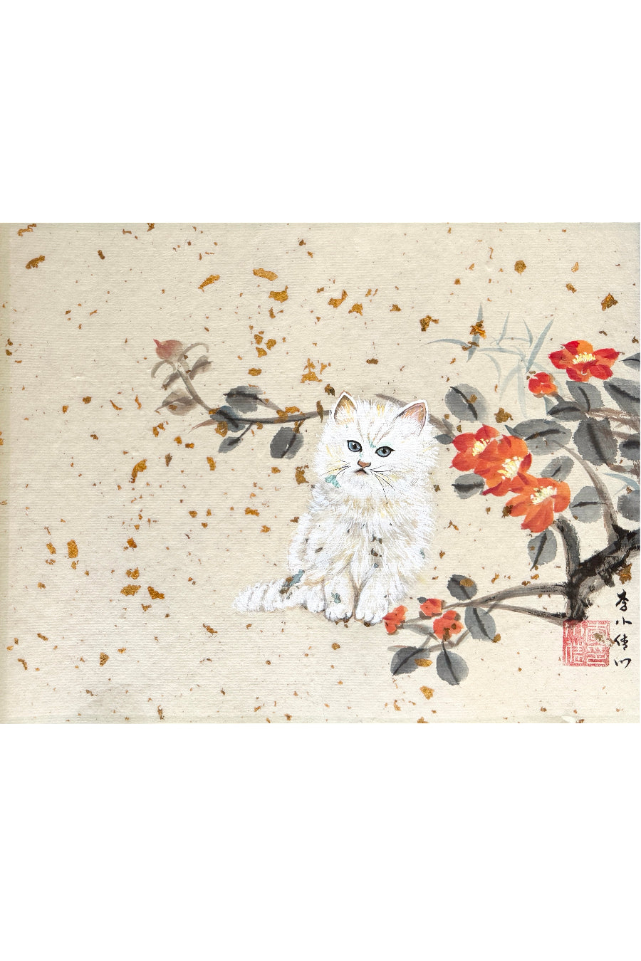 Peinture chinoise en style Xieyi - Camélias et chaton - HanWen Shop