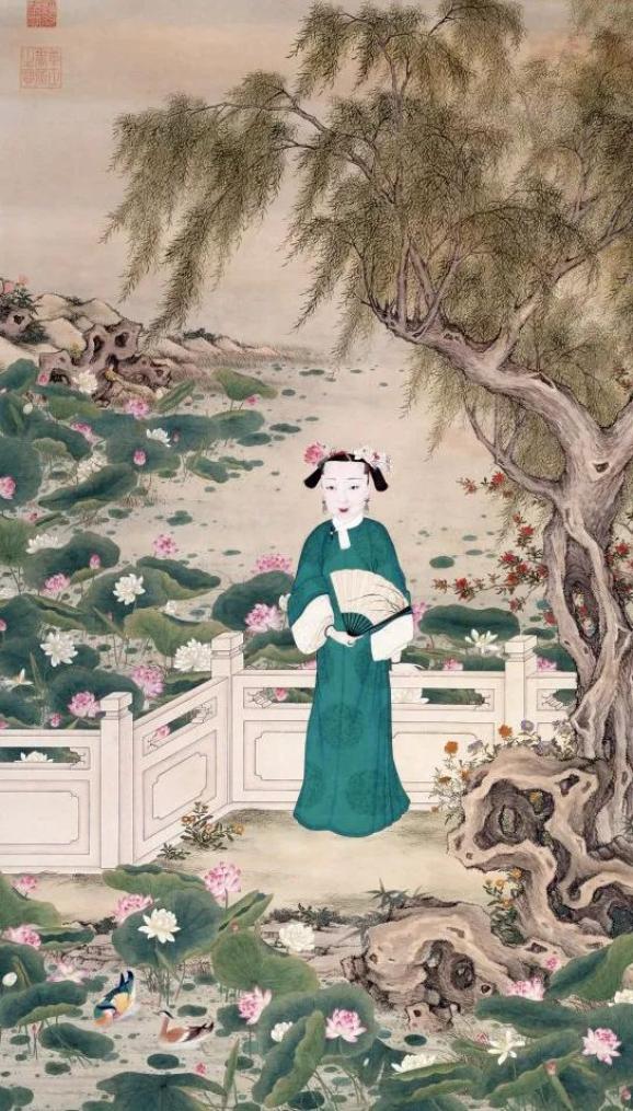 “Portrait de l’impératrice Xiao Shen Cheng admirant les lotus” - Dynastie Qing, règne de Daoguang