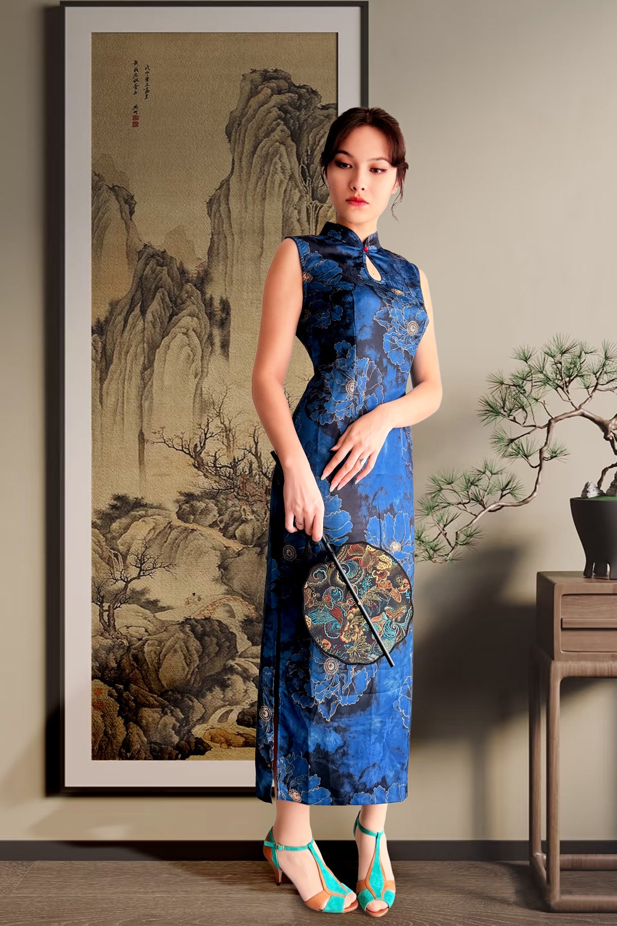 Qipao du hanfu moderne 汉元素 -  bleu sans manches - HanWen Shop