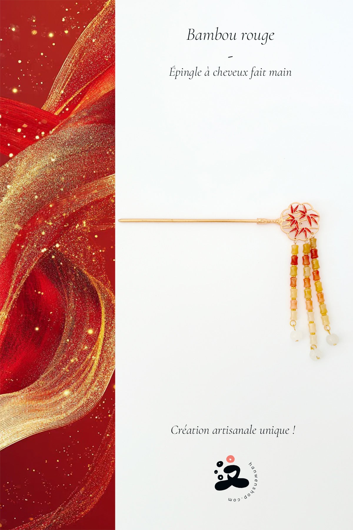 Épingle à cheveux fait main - Bambou rouge